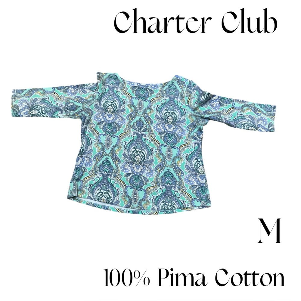 Charter Club 3/4 sleeve 100% Pima Cotton Blue lavender Paisley Top